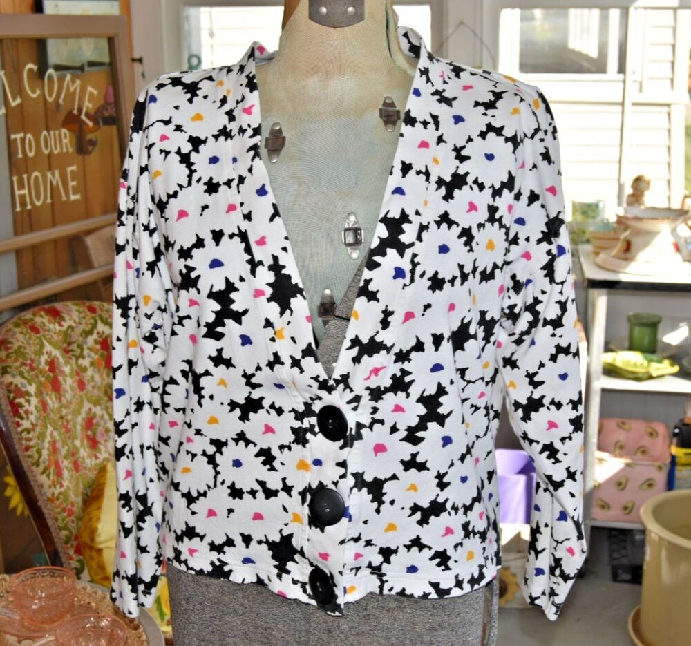 Vintage 80s Richard Crazy Daisy Cropped Blazer Jacket Cotton Buttons Size Small